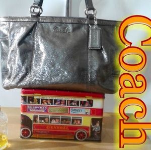 Metallic Silver Coach Purse 12 × 9
